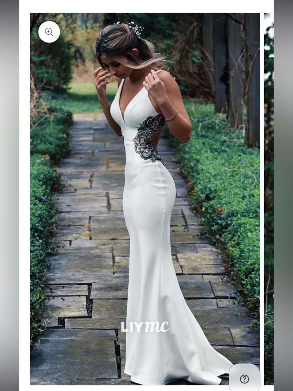 White floor length gown black beaded applique formal prom wedding Halloween